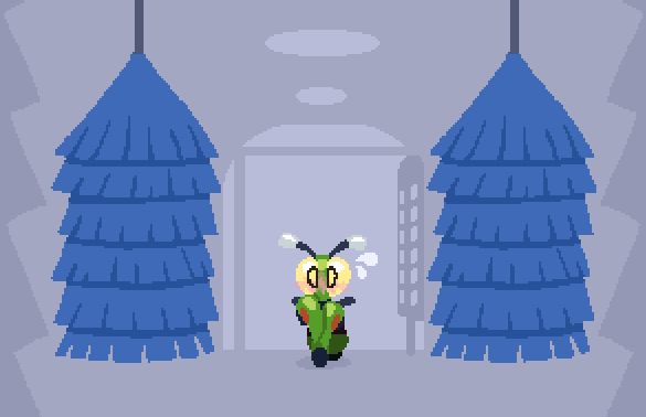 Emmie (mantis/moped) in a car wash.