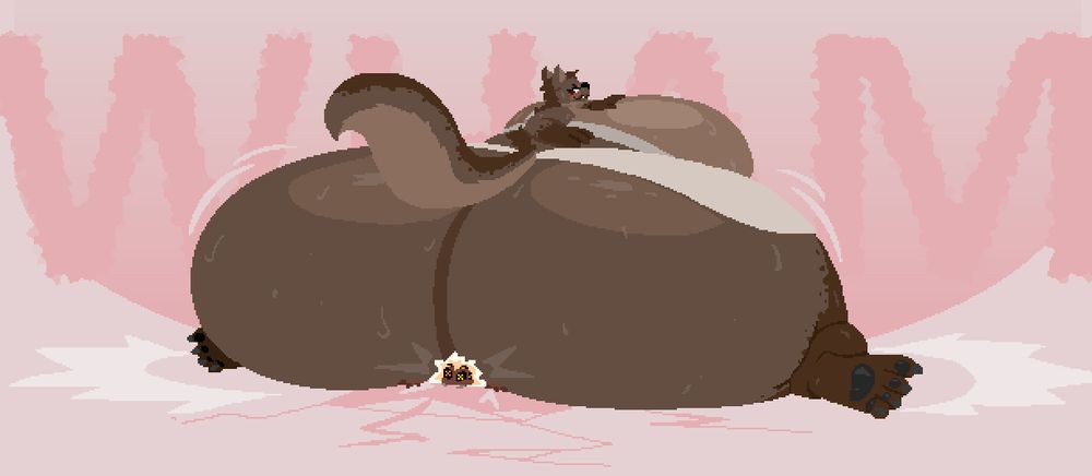 A giant gnoll lady sitting on a small spider guy, cracking the ground.