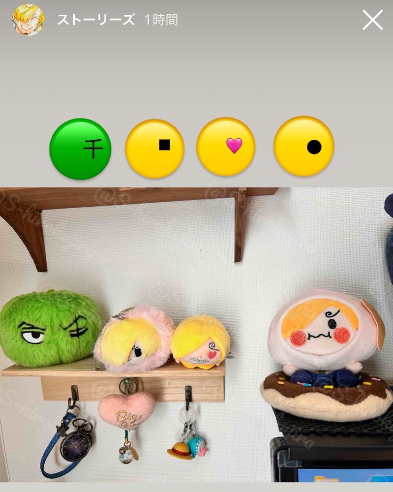 左から、まりもゾロ、さくらもちサンジ、通常サンジムギ、カスタードまんサンジ
まるいのを並べた