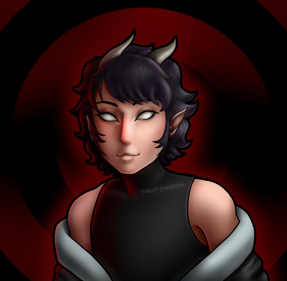 A bust illustration of a feminine yet androgynous person with horns and blank white eyes, both presumably the same color as their skull. 