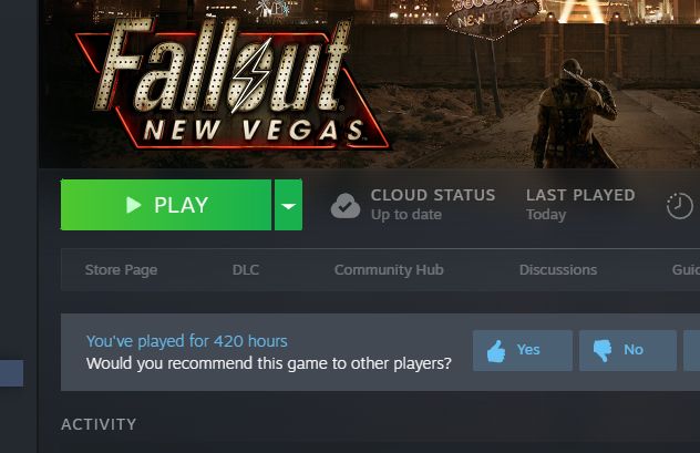 Screen shot from Steam for Fallout: New Vegas stating "You've played for 420 hours."