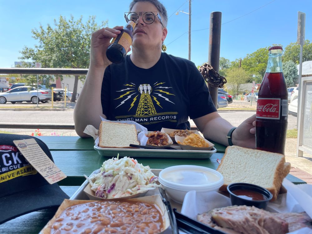 Texas brisket baked beans coleslaw banana pudding and Mexican Coke at Original Black’s, Austin TX 