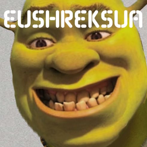 a picture of shrek smiling with "eushreksua" in the eusexua font like eusexua by fka twigs