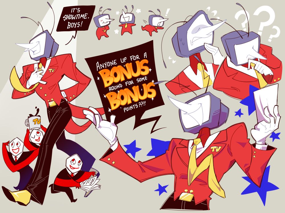 Character sketch page of Tenna. On the left, he's saying "It's showtime, boys!" while stepping into the spotlight as multiple Pippins run about his legs. To the bottom right, he's holding his arms out while exclaiming "Anyone up for a BONUS round for some BONUS points??!!"