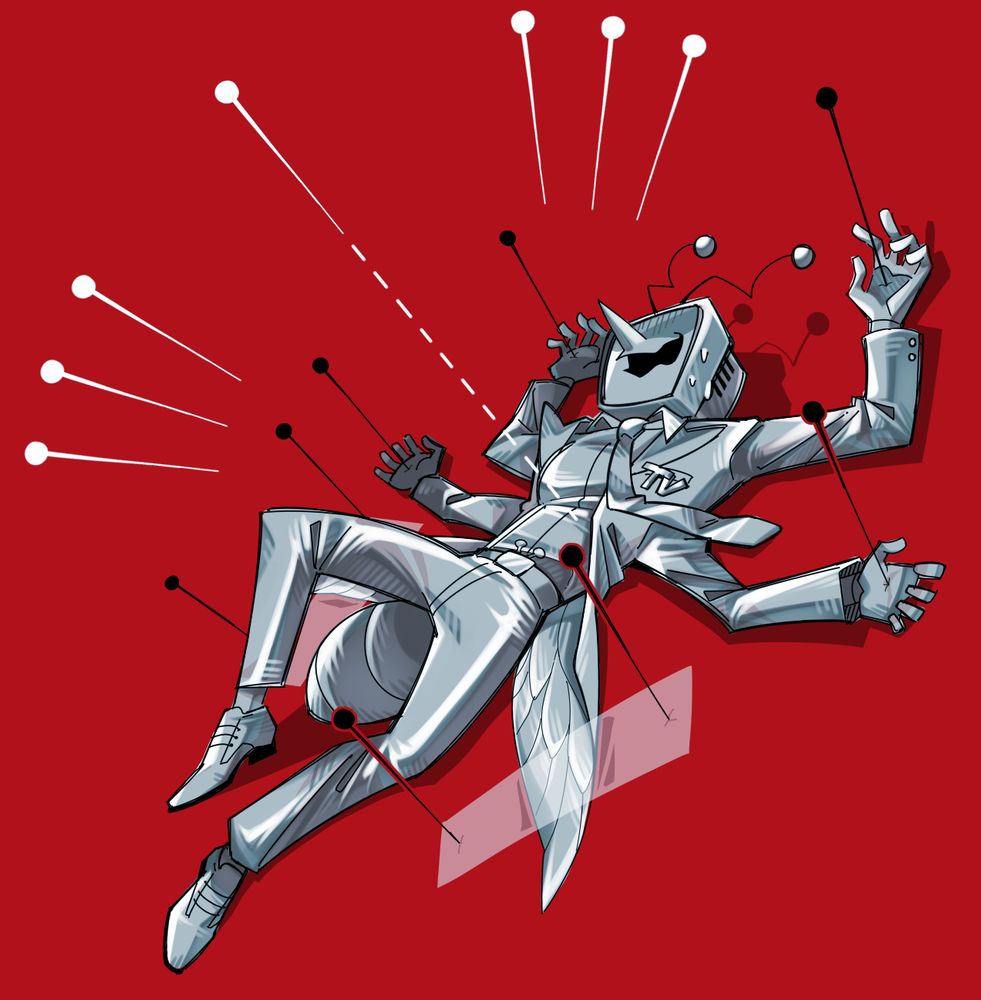 A monochrome drawing of Tenna, as originally conceptualized (4 arms and a bug ass), pinned up for display on a red background.