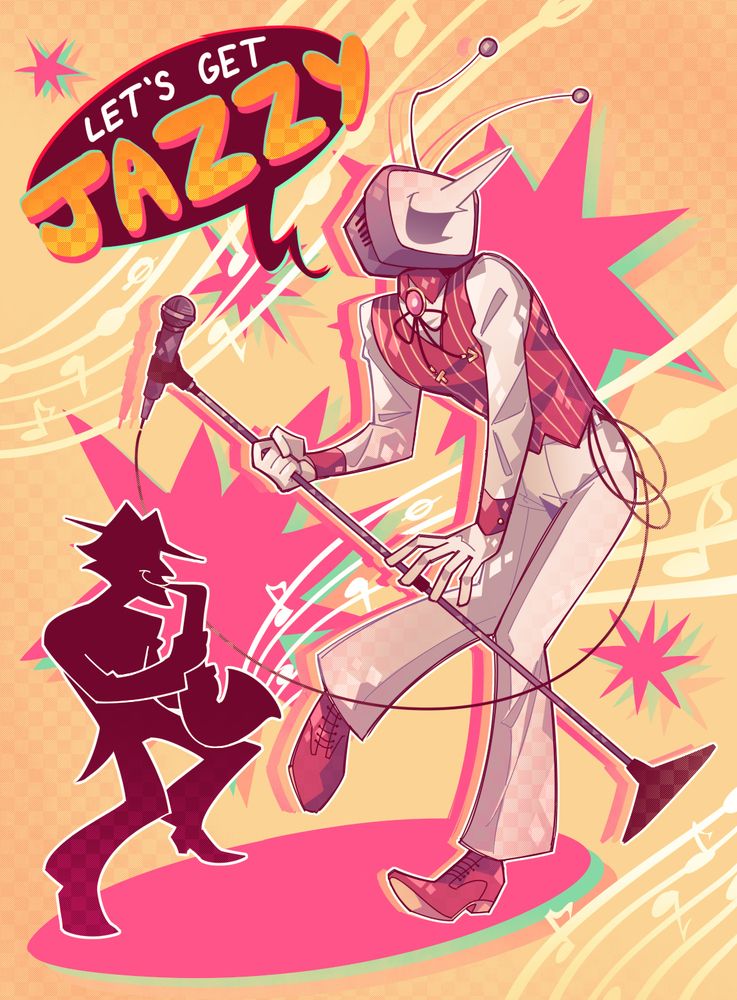 Tenna dances with a microphone stand in hand, as a Shadowguy plays music next to him. He says, "Let's get jazzy" with the last word emphasized in colorful letters.