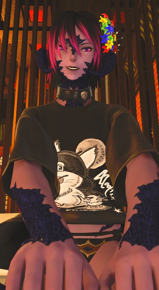 Drazza sitting over you on bed with a smirk, wearing only an oversized T-Shirt.