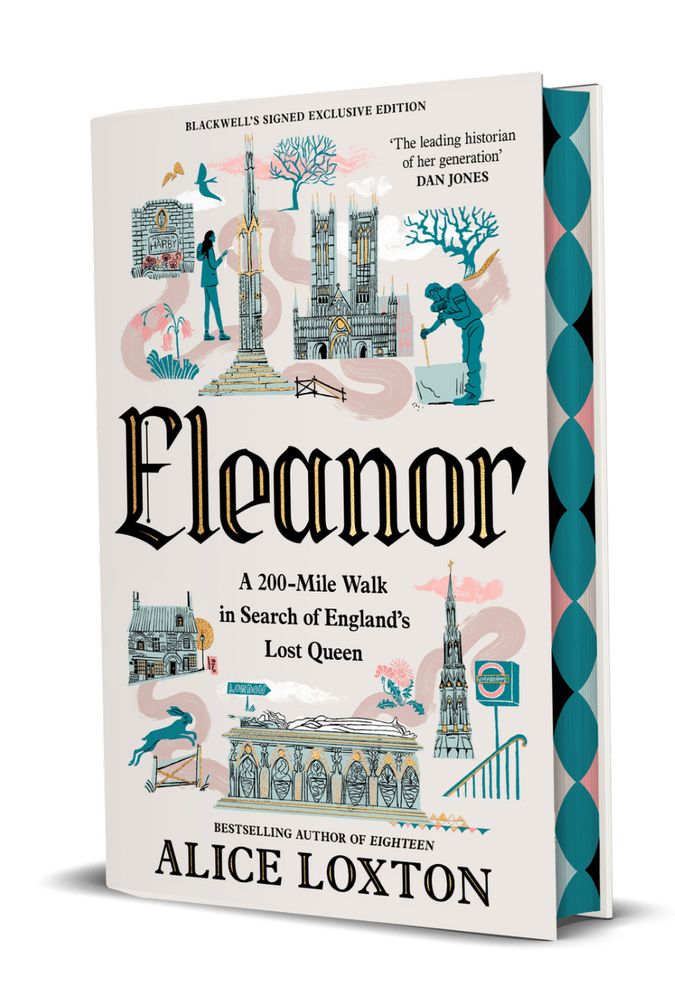 Cover of Eleanor by Alice Loxton. A cream background with charming sketches of medieval architecture and little vignettes in turquoise and pinks. The vibe is reminiscent of mid 20th century history books. 