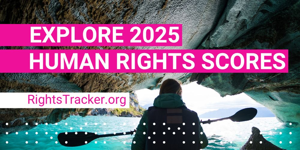 Person kayaking out of a cave. Text: Explore 2025 human rights scores. RightsTracker.org