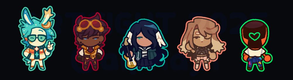 Set of tiny chibi characters I've named as bugs.

First we have a colorful rabbit guy with a funky jacket and glasses, a guy in steampunk-ish inventor garbs, a musician with long dark hair and wing ears, a confident Lopunny gijinka, and an orange lovely robot guy with a screen face showing a heart.