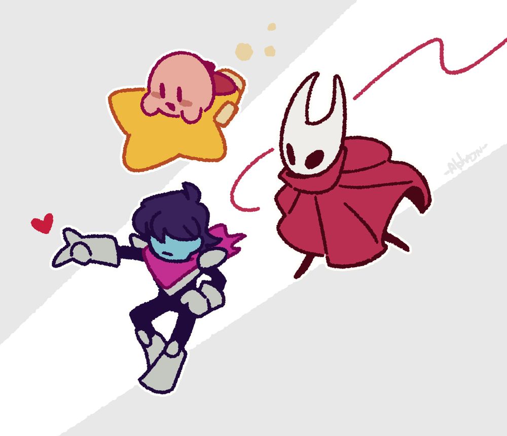 Simple illustration of Kirby riding down his star vehicle, Hornet from Hollow Knight with her string, and Kris from Deltarune showing their heart out.