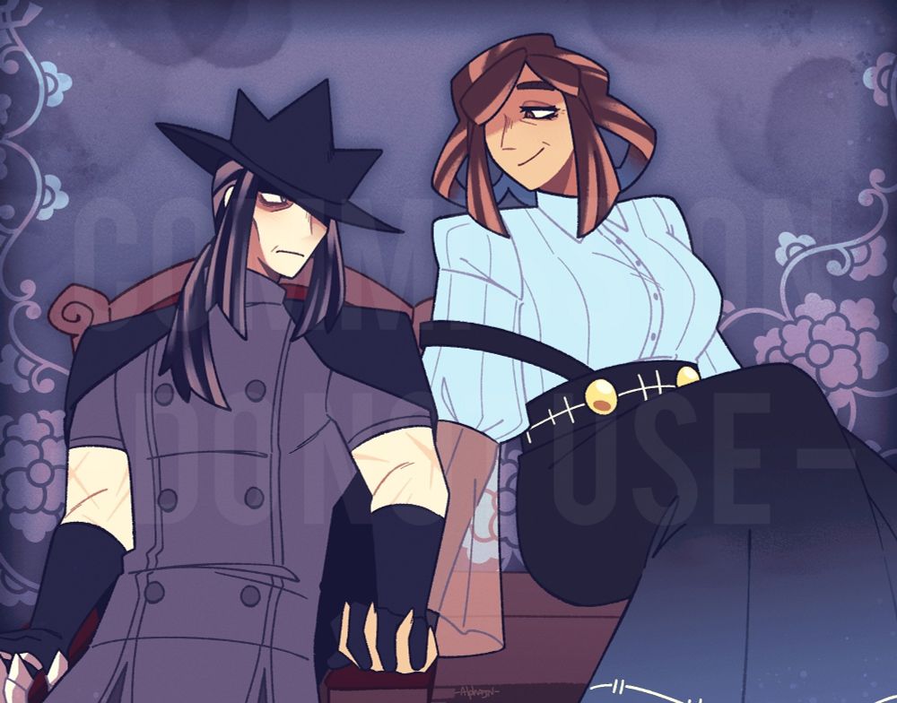 Couple illustration of a man and a woman sitting on a chair and a desk side by side, respectively, holding hands and looking at each other fondly.
The man wears dark and gothic clothes, eith a straight ponytail on his shoulder. The woman uses a suspender long skirt and a light blue button-up shirt, with translucent sleeves.