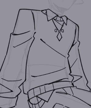 Cropped sketch of a commission. It shows the upper body of a character, sitting. They wear an oversized sweater over a shirt, a necklace and pants, comfortable.