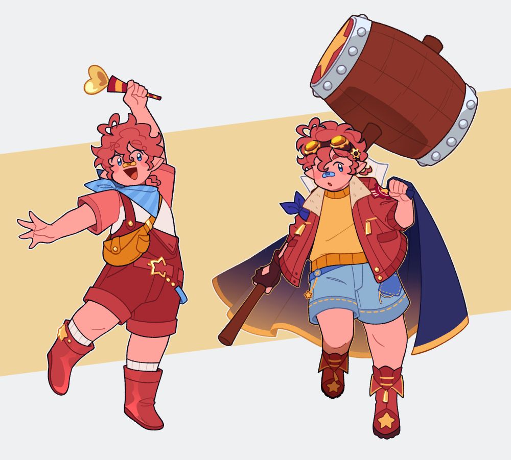 Character design piece of Kirby, humanized. They're depicted as a short, pink skinned humanoid alien, with wavy short hair in a darker pink shade.

On the left, they pose waving the Love-Love Stick wand up on a tip toe, smiling happily. They wear a raglan white and pink shirt, sky blue striped scarf, a pinkish red shorts jumpsuit and rainboots.

On the right, they wear a pink aviator jacket with a yellow sweater underneath; red boots with a star on the front, and blue shorts with stitched patches and strings hanging. They also use a pair of googles with cog patterns on their head, Meta Knight's blue cape, Bandana Dee's bandana tied on their arm and King Dedede's hammer on their hand.