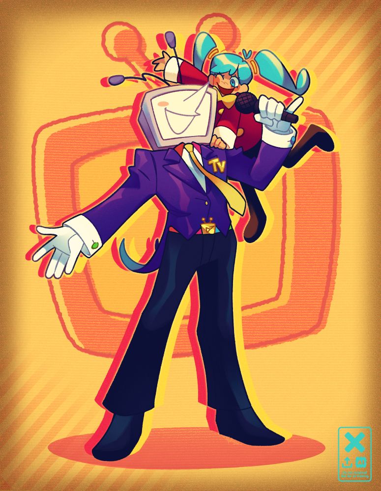 Fullbody illustration of the Deltarune character Tenna, along with Hatsune Miku from the Static music video.
Both characters are wearing each other's colors on their outfits, Tenna using a blue one with colorful belt and buttons, and Miku with a red long sleeves dress.

Tenna stands with an arm stretched, the other holding a microphone up to Miku, which hangs from his shoulder happily.