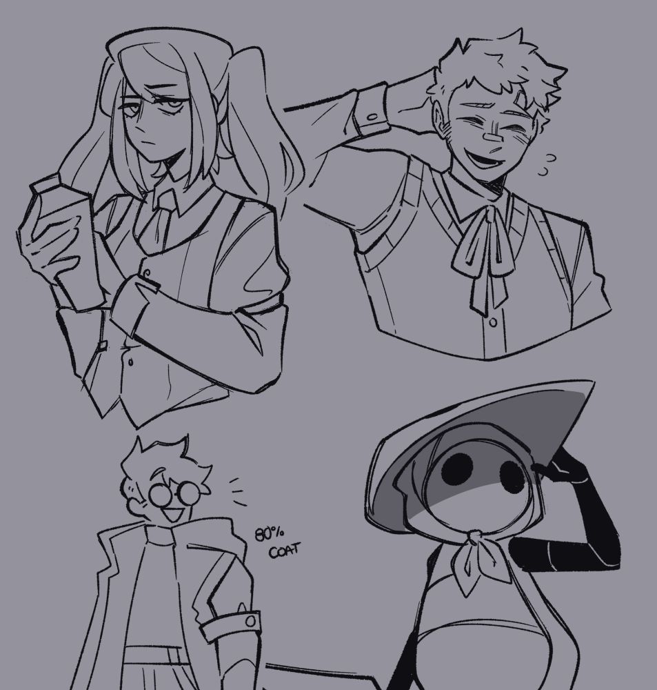 Doodles of Jill from Valhalla, Akihiko from Persona 3, Vash from Trigun and Quirrel from Hollow Knight