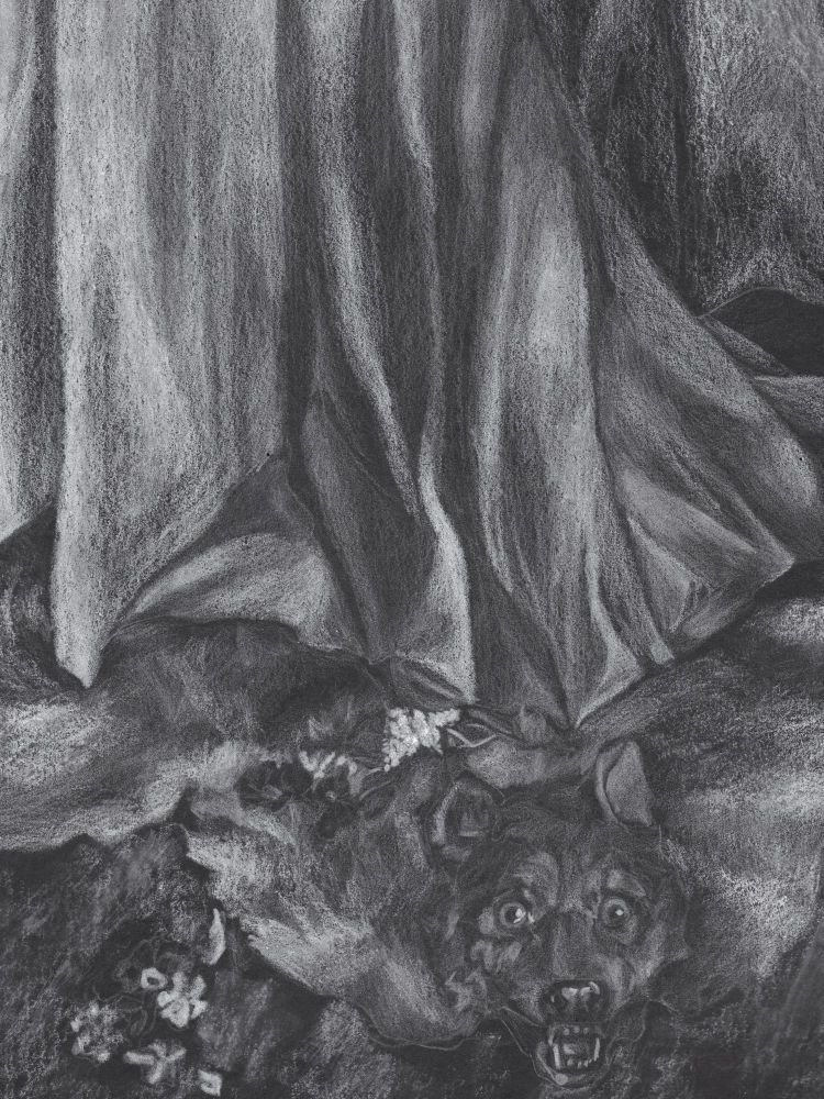 Image of a black and white rendition of whistlers “symphony in white no 1” done in white pencil on black paper. The image is zoomed in to focus on the bottom of the woman’s dress standing on top of the wolf skin rug 
