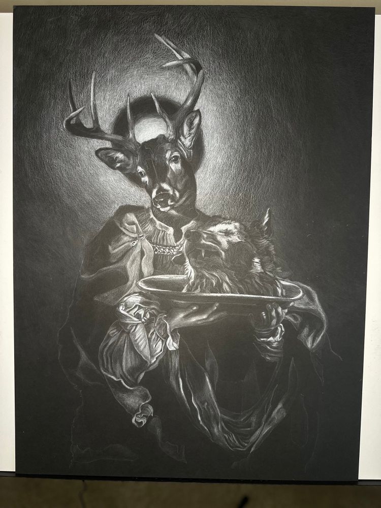 Image of a white colored pencil drawing of guido Reni’s Salome holding the head of John the Baptist.  The main figure has the head of a deer and the platter has a wolf head on it