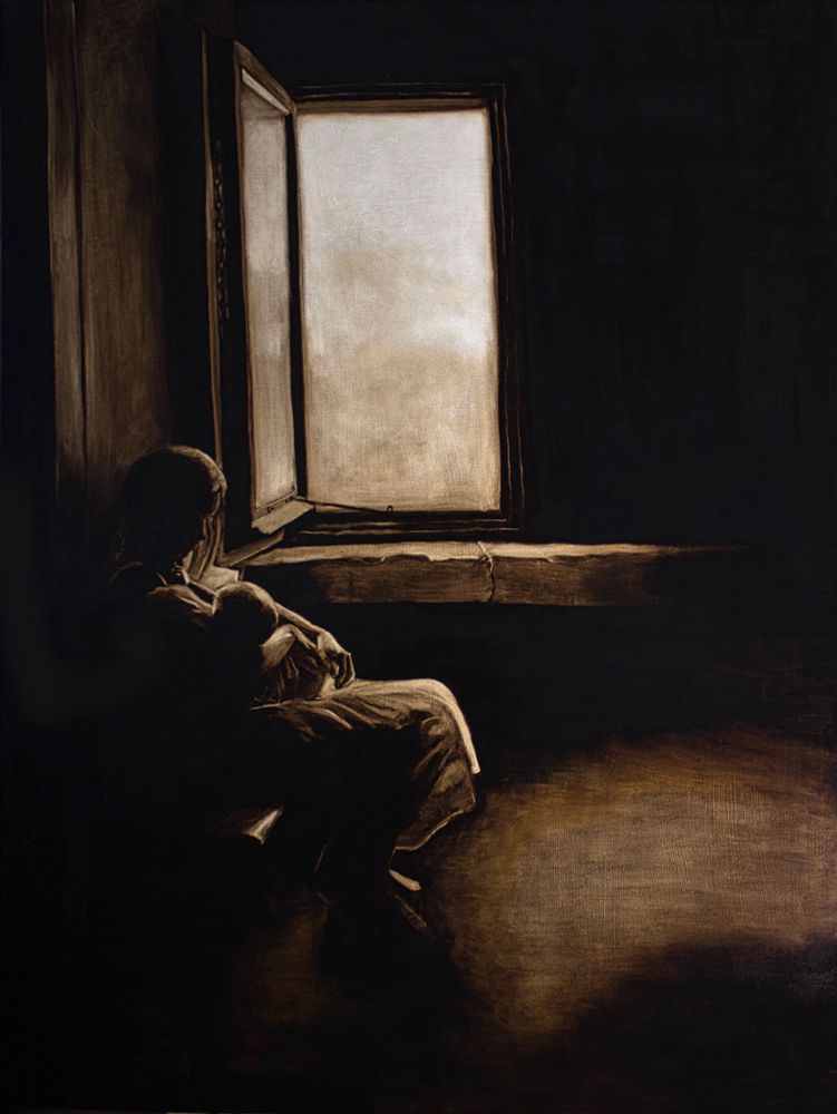 Image of a painting of a woman holding a baby in front of a window. She is backlit and mostly in shadow. The details of the window are visible although you cannot see through the open window, it is only light and fog. She is breastfeeding her baby who reaches up and grabs at her neck. She is leaned back against a wall and appears utterly exhausted but serene