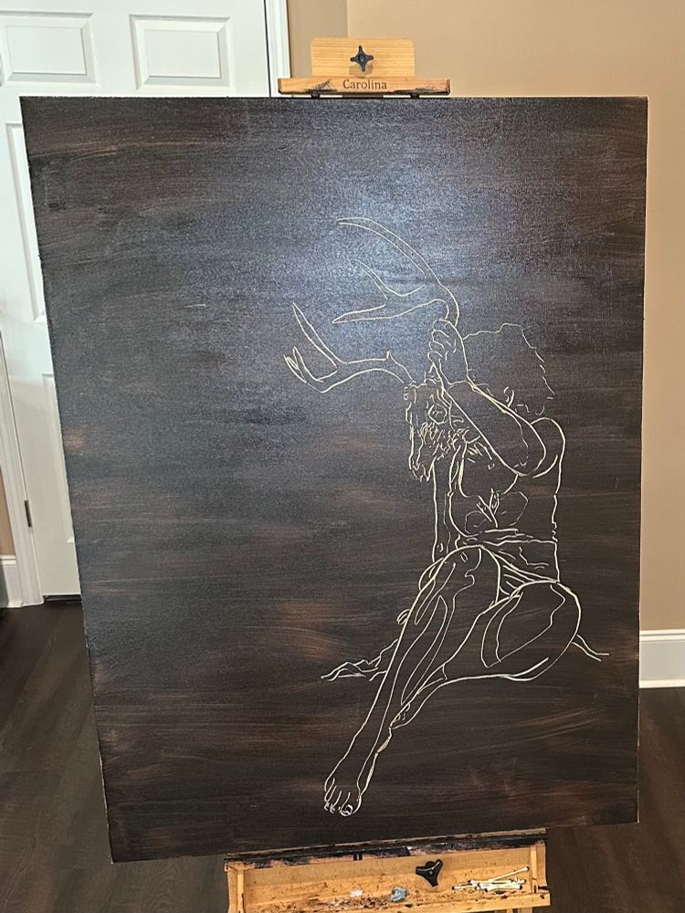 Large oil painting with a solid dark background and an outline of a figure holding a deer skull in front of her face