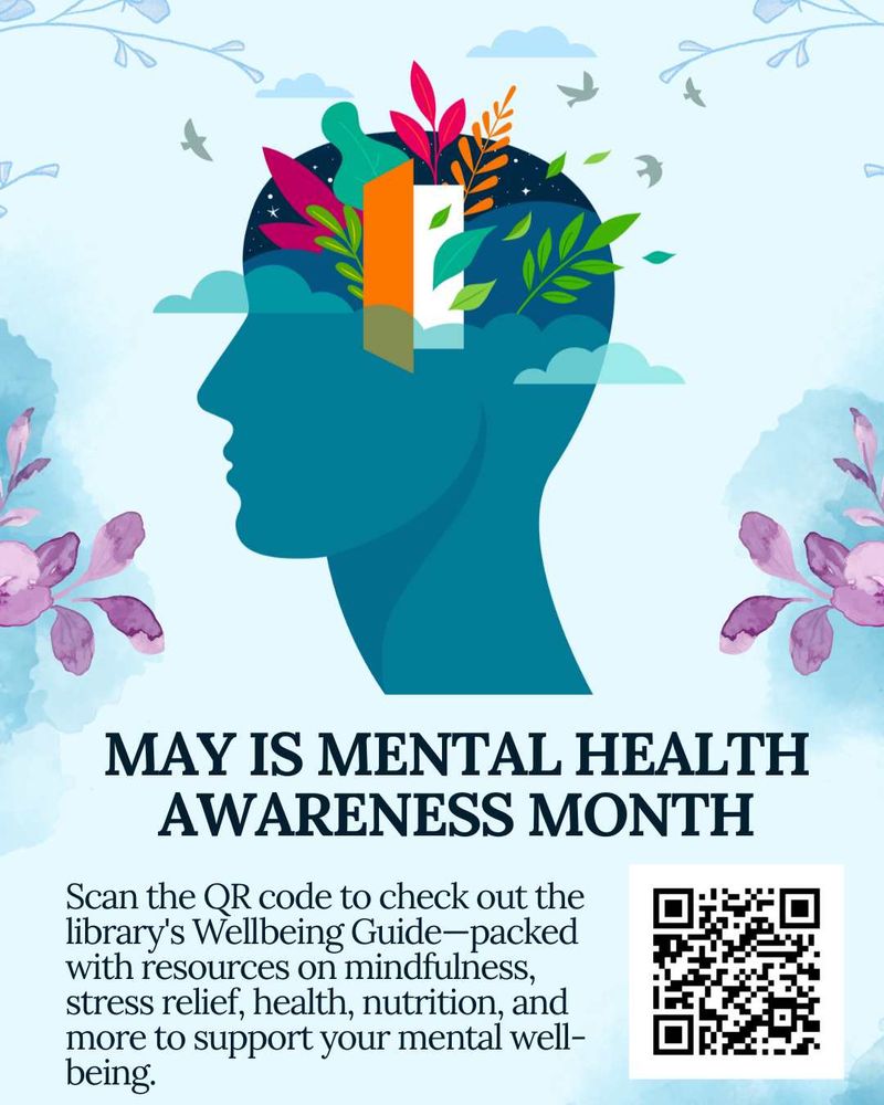 Graphic promoting the library's Wellbeing Guide for Mental Health Awareness Week. Includes a QR code and text that highlights resources on mindfulness, stress management, nutrition, and overall wellness.