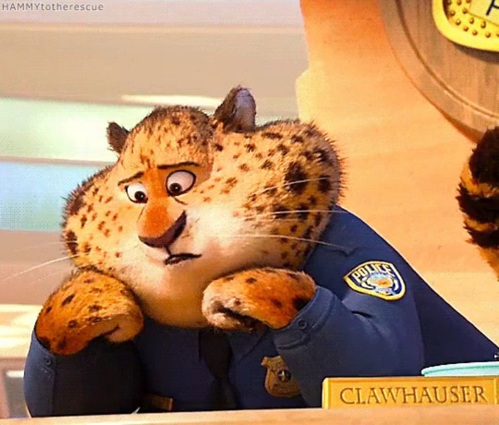 a cartoon leopard is wearing a police uniform and a clawhauser sign