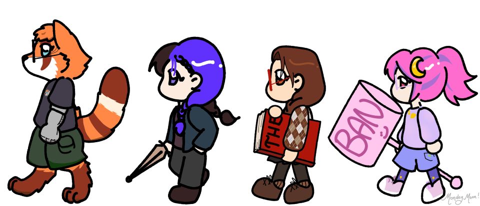 Red and his mod squad. Chibi drawings walking left to right in a line of: RedThePanda_, Just_Ros__, Sylphrin, and Monday Moon. 

Artwork by Monday Moon. 