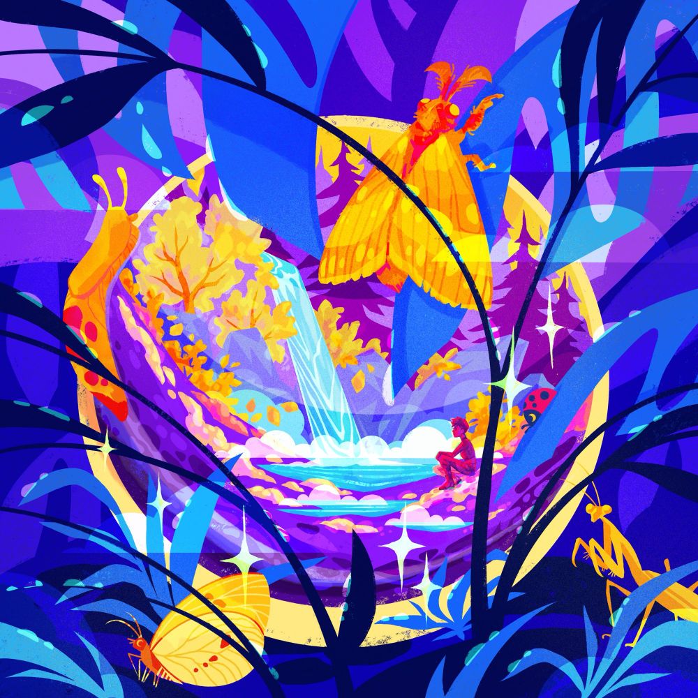 A blue, purple, and yellow illustration of plants and insects. A glass globe in the middle has a small pink person looking at a waterfall.