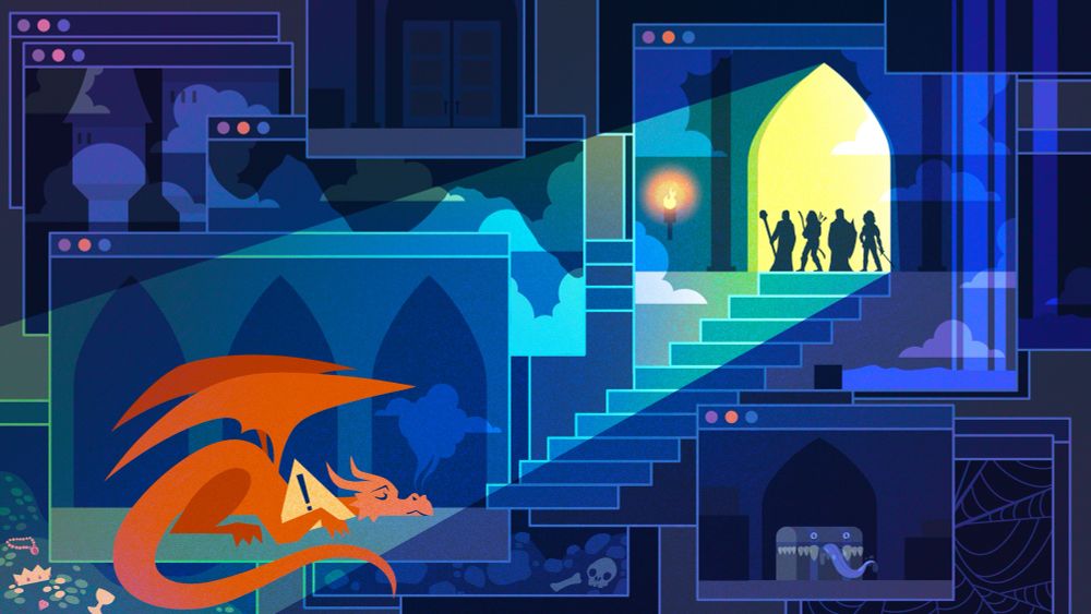 An illustration of browser windows as a dungeon; 4 silhouetted adventurers peer into the dungeon where an orange dragon sleeps while holding a warning symbol.