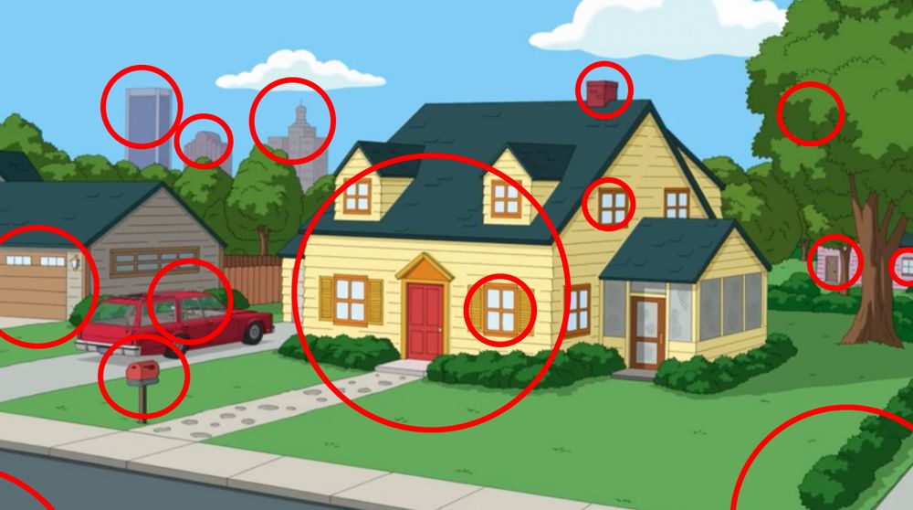 family guy house and everything is circled except the tanning room