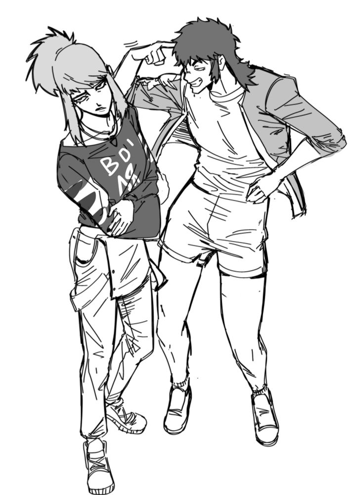 A greyscale sketch of Faye (left) and Destin (right) from demonschool. Faye is doing a grimace with her arms crossed and destin is scratching his head and leering at nothing. He has a scar on his nose and is wearing his signature short shorts.