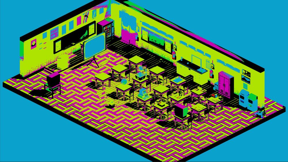 It's an early demonschool 3D classroom classroom but the colors are all bright green or pink