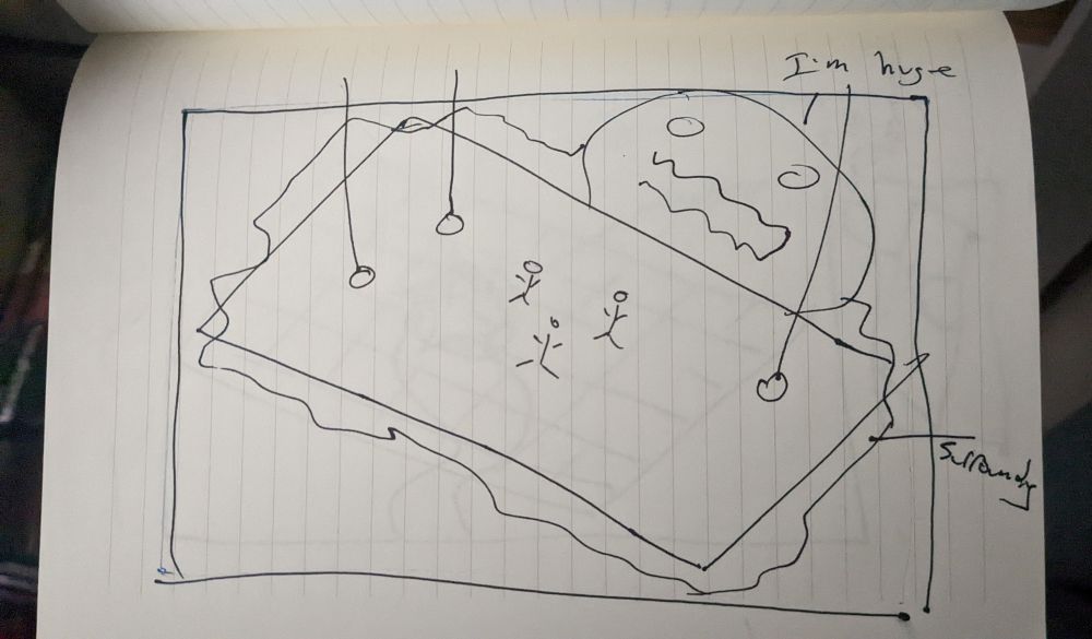 A sketch that looks like a 5 year old did it showing the same scene, with a goofy head saying "I'm huge" where the boss should be. 