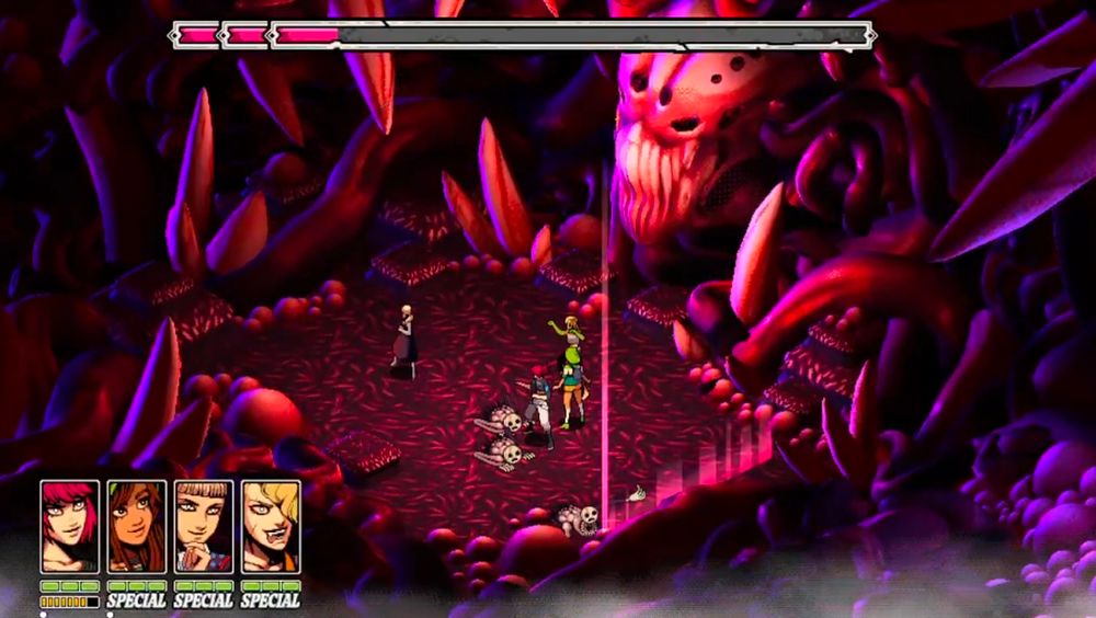A finished alien-looking demonschool boss, all purple and pink, with a giant head and tentacles and things that surround the playfield. 