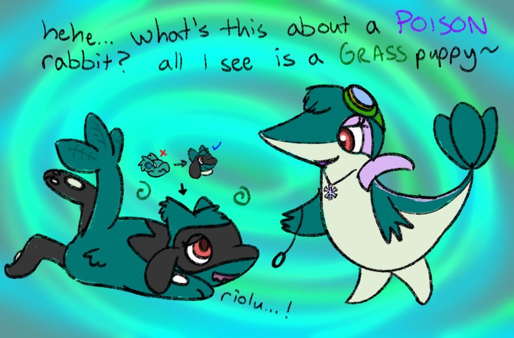 There is a shiny snivy with goggles on her head, and she is holding a metronome. "hehe... what's this about a POISON rabbit? all I see is a GRASS puppy"

The Riolu on the ground is green, with a leafy tail. There is a drawing implying this Riolu was transformed from a Nidorina to a Riolu. It has come with a different color scheme, too, now with red eyes and a green body instead of blue eyes and a teal body. The Riolu is a bit zonked out from hypnosis, too.

"riolu..."