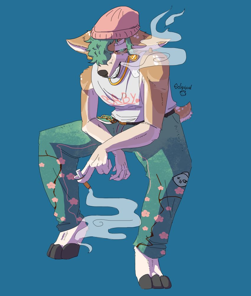 Dog-deer furry in sitting position smoking a reversed cigarette 