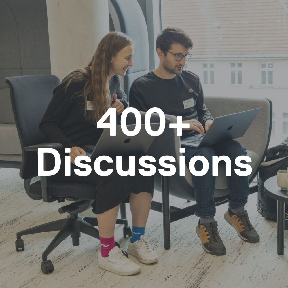 Text "400+ Discussions" overlayed on a photo of a in-person Spryker meetup where 2 people are collaborating on a project