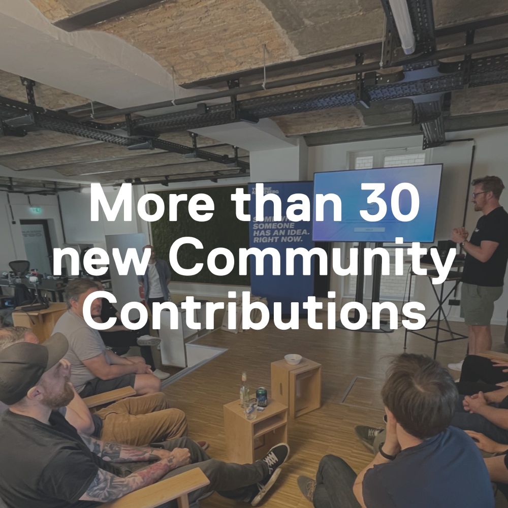 Text "More than 30 new Community Contrubutions" overlayed on a photo of a live Spryker meetup 