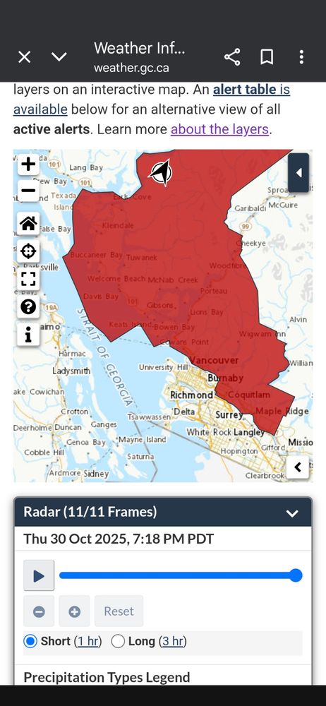 Map of a portion of BC showing rain warnings.