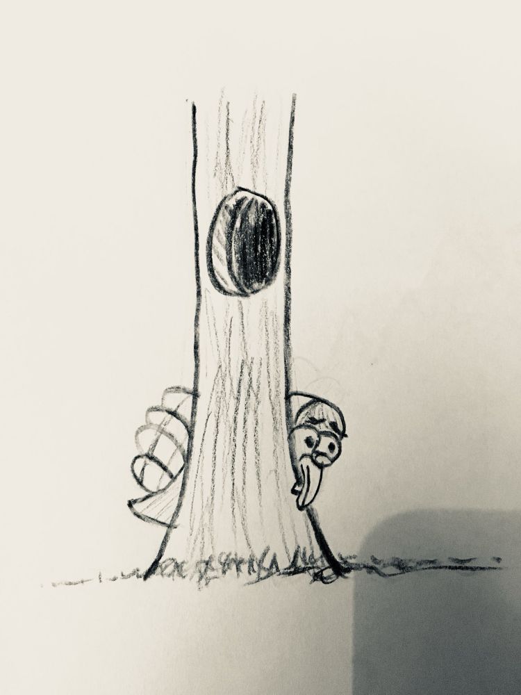 Pencil drawing of a turkey hiding behind a tree. 