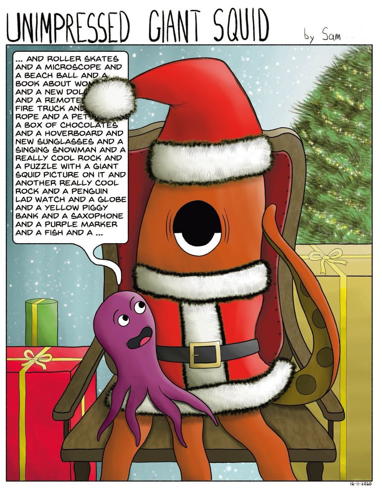 Drawing of a small purple octopus (Pip) sitting on the lap of an unimpressed giant squid telling him all the things he wants for Christmas. 