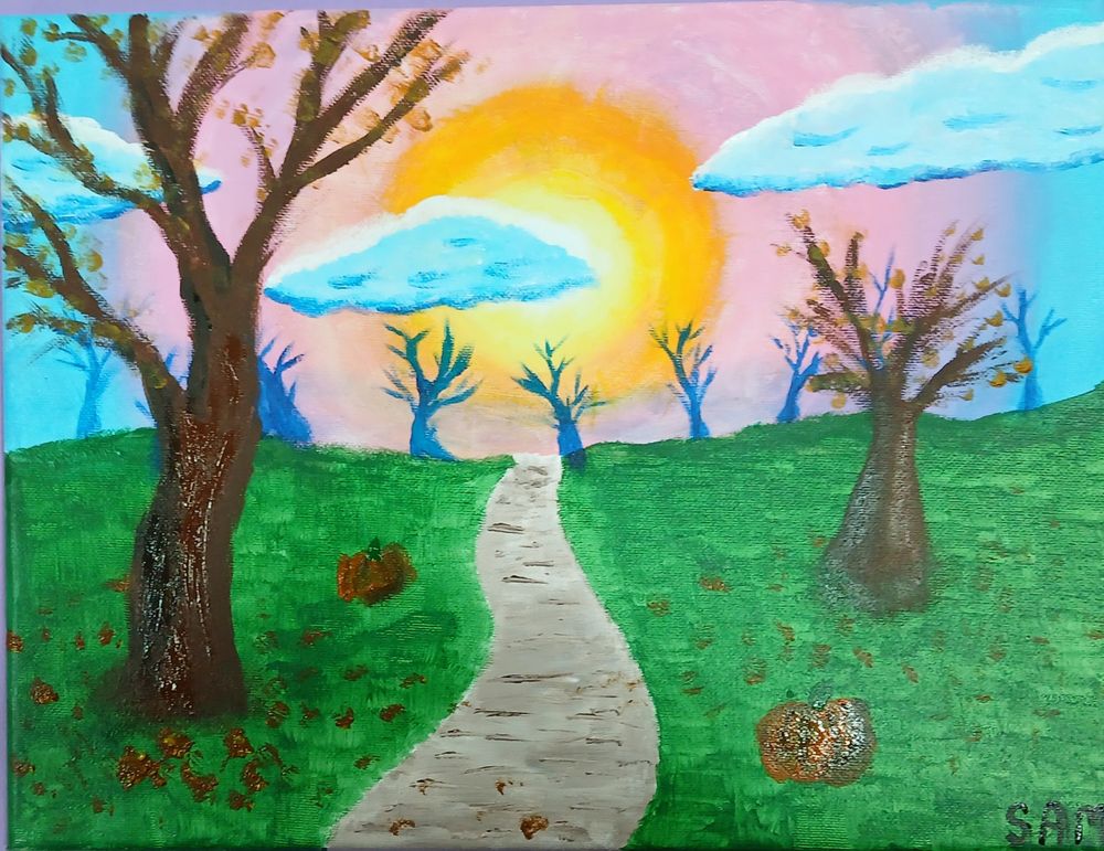 Painting of a fall evening with trees, some pumpkins, and a sun just starting to set. 