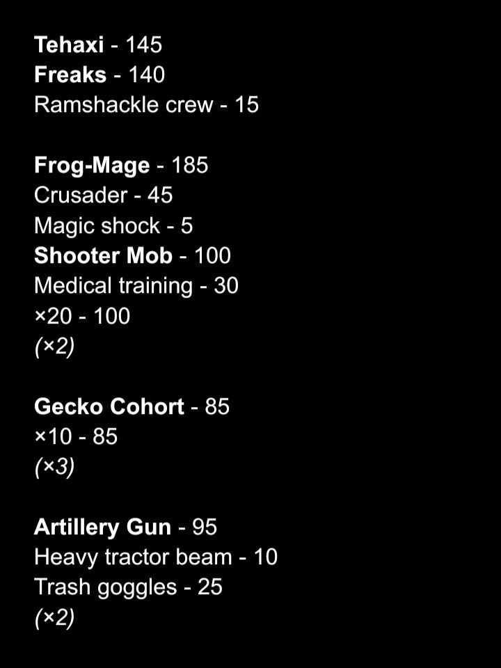 An army list for OnePageRules Grimdark Future consisting of the Saurian Starhost character Tehaxi leading Goblin Reclaimers freaks, two of the Starhost's frog-mages leading Reclaimers shooter mobs, three of the Starhost's gecko cohorts, and two of the reclaimers' artillery guns.