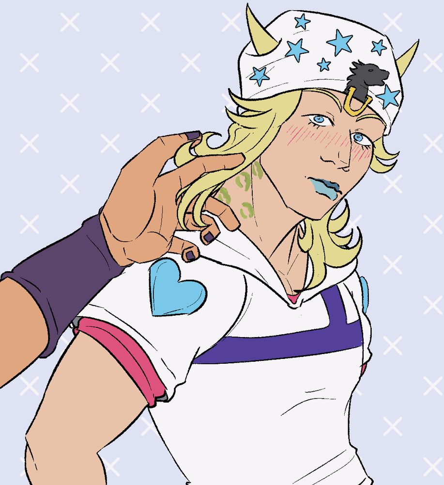 a drawing of johnny joestar. he is shocked and embarrassed. he is looking at gyro zeppeli who is mostly off screen. only gyro's hand is visible as he moves johnny's hair back enough to expose the litany of kisses hes left on johnny's previously covered neck.
