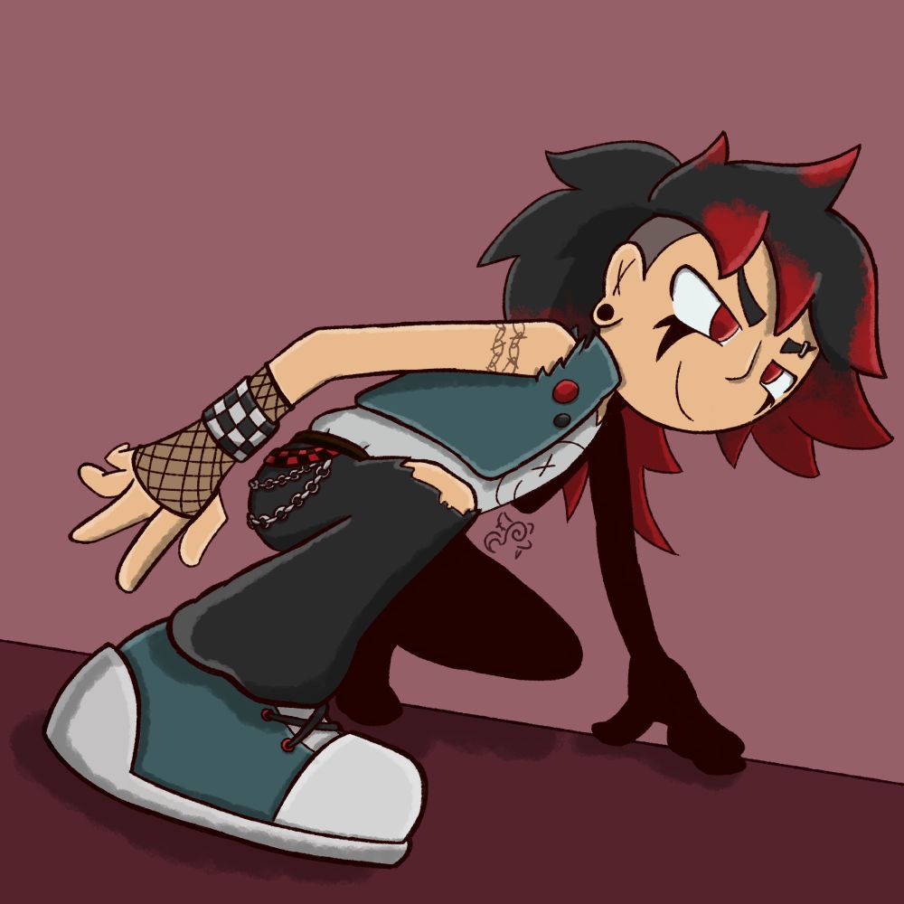 Digital drawing of Cory in a dynamic pose, either recovering from a jump or preparing to run