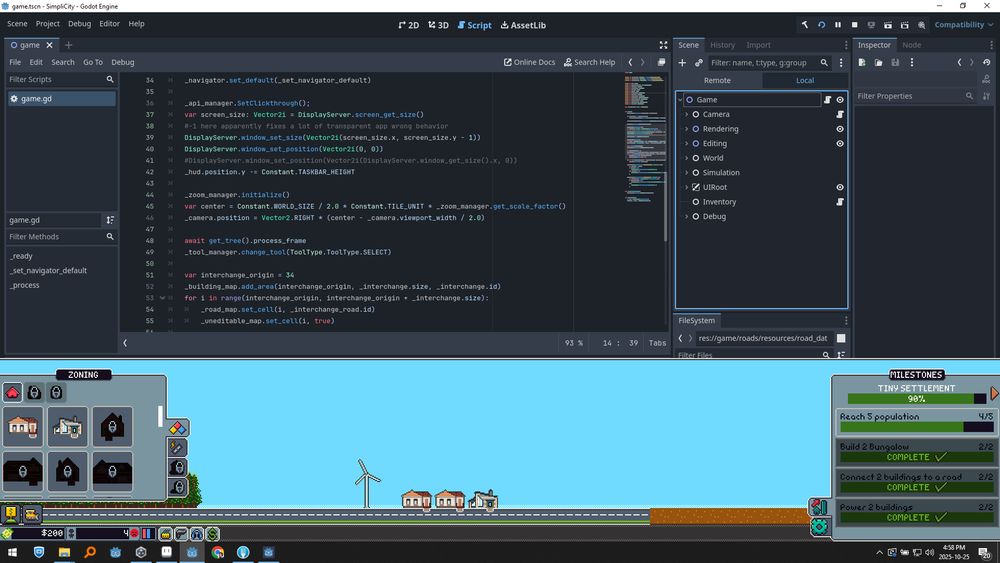 A screenshot of a tiny pixel art city builder running straight from Godot,  right above the windows taskbar. 