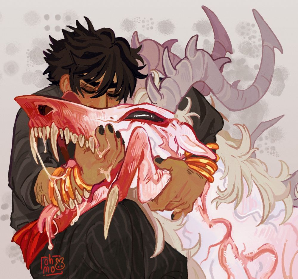 an illustation of Enver Gortash holding and kissing the massive head of a monster, that is meant to be a custom design for The Slayer, a monsterous form you can get in Baldur's Gate 3 as The Dark Urge.