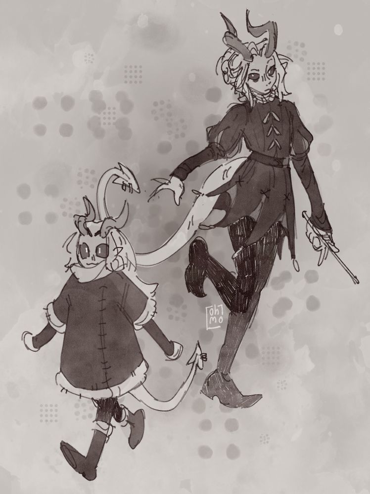 black and white sketches of a tiefling in various outfits