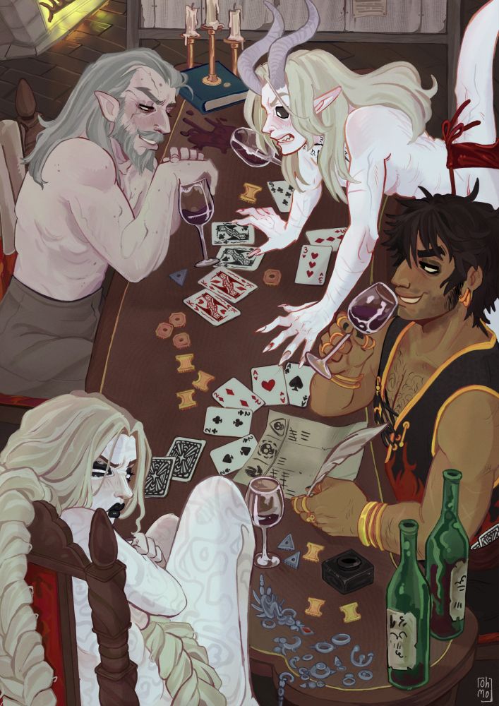 A fully coloured/painted illustration of the Baldur's Gate 3 characters Ketheric Thorm, Enver Gortash, Orin the red and my custom Dark Urge origin playing strip poker at moonrise towers. 

Gortash is winning, followed by Ketheric while Orin and Durge are either fully naked (though covored up) or down to their underwear.