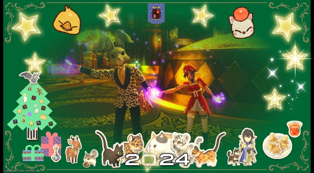 A photo of an Au Ra woman in FFXIV and a man with a bunny head waving purple glow sticks where the sparkle trail looks like the top of a heart. The woman is wearing a red Christmas dress and the man is wearing a leopard print suit. There is golden casino behind them, a green fade around the edges of the frame and many sticker on the green to decorate it like a christmas card. The stickers include a christmas tree with final fantasy symbols and characters all over it, presents made of washi tape, potions, stars, a plate of cookies next to a cup of tea, a well dressed elvan man who is not a Christmas elf next to a dog, and several cats, a leopard, and a white tiger cub standing around 2024 that has a transparent star over the 0. There's also a potion, a baby deer, and a squirrel holding a nut called a nutkin under the tree. 